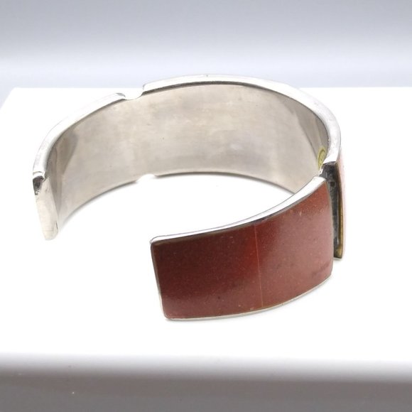 Vintage Coral Cuff Bracelet, Adjustable Made in Philippines, Inlaid Panels - Picture 4 of 6